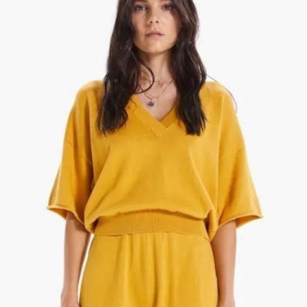 MOTHER The Boxy V-Neck Crop Sweater Top in Amber Yellow Various Sizes
